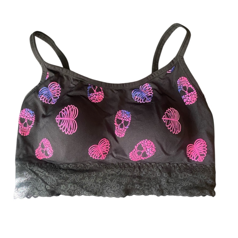 TORRID LIGHTLY LINED SEAMLESS LACE BAND SKULL HEART BRALETTE SIZE 0 PLUS - Picture 5 of 8